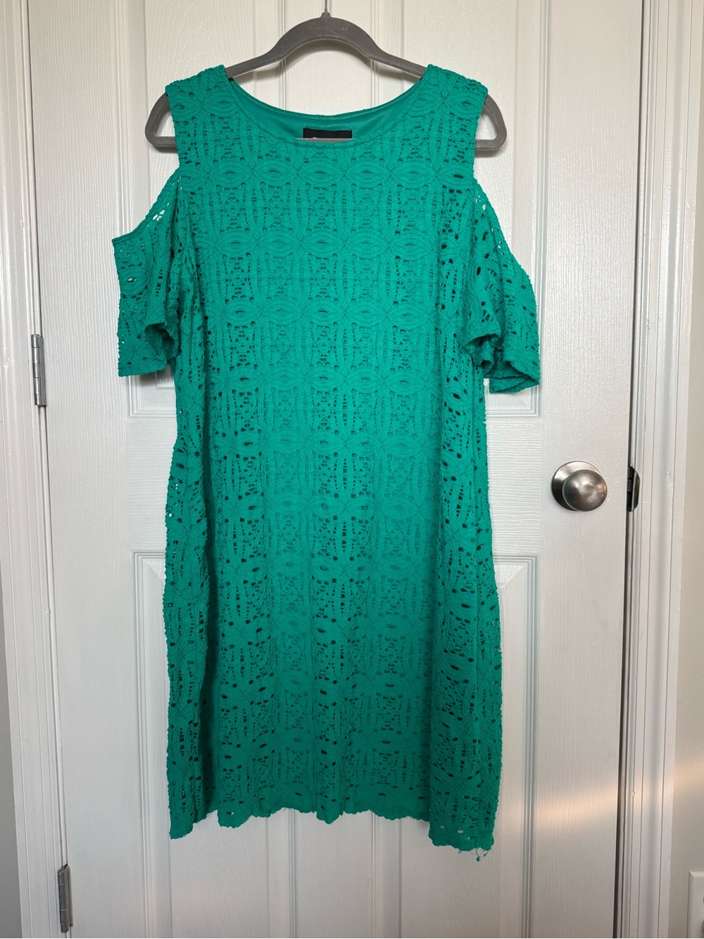 Ronni Nicole Teal Cold-Shoulder Crochet Midi Dress